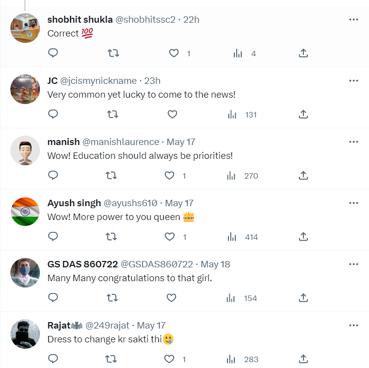 A user of Twitter greeted the girl and wrote, "Many many congratulations to that girl." "Wow," a different commenter chimed in to reinforce the argument. 