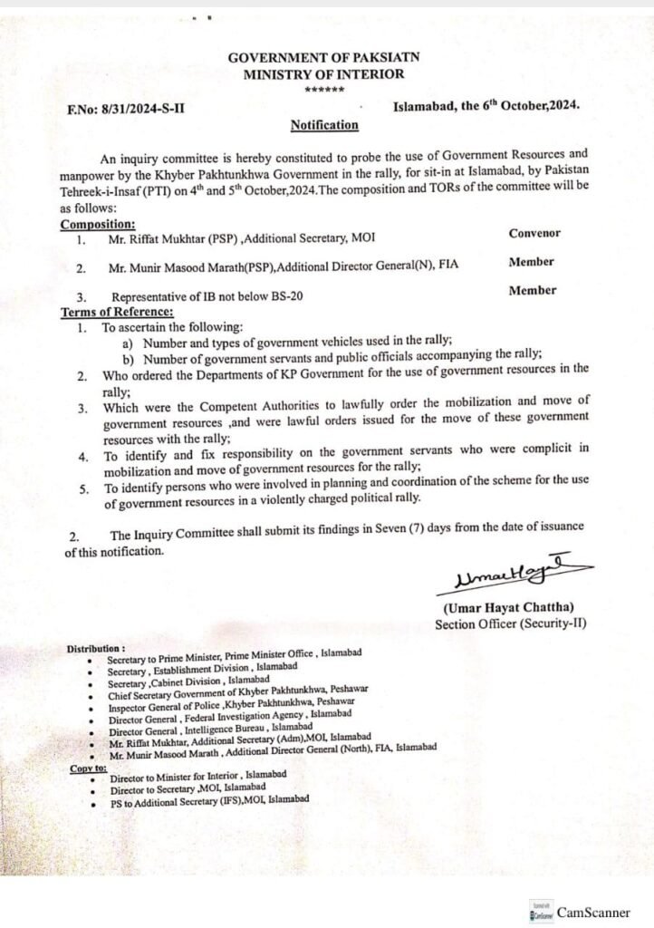 Centre Forms Committee to Probe KP Government’s Resource Allocation for PTI Protests