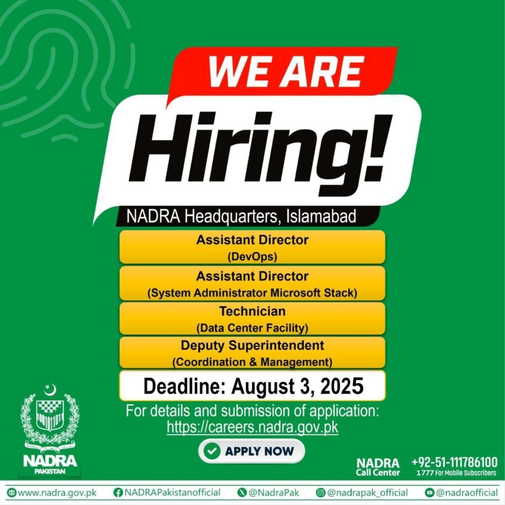 NADRA has announced hiring for several positions