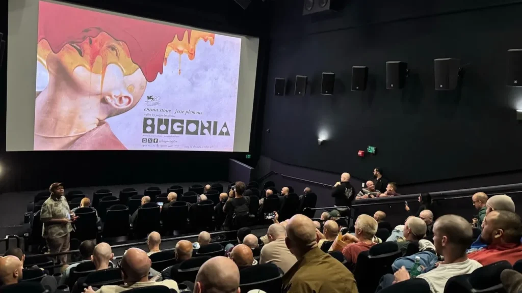 Fans went bald for an exclusive early screening of Emma Stone’s sci-fi comedy Bugonia in Los Angeles, inspired by the film’s plot.
