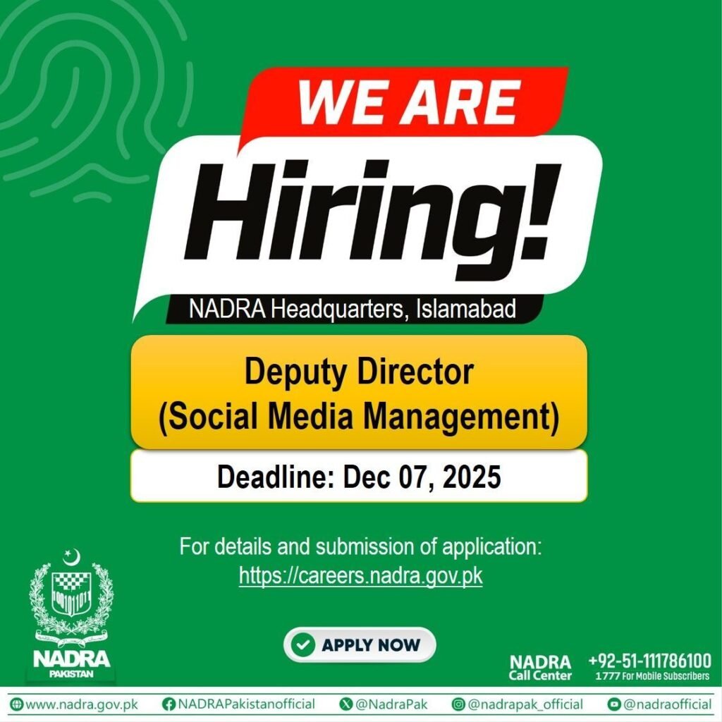The next vacancy is for the Assistant Director, Content Generation, with the same deadline for filing applications. This position is for the NADRA Headquarters in Islamabad.