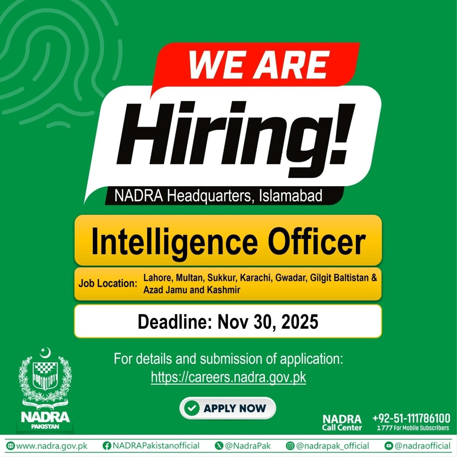 NADRA announces vacancies for its regional offices NADRA is an equal opportunity employer committed to fostering excellence, innovation, and service to the nation.