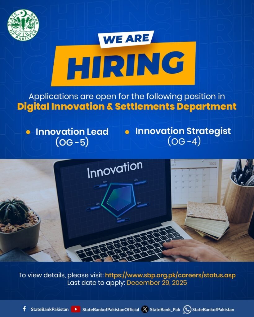 SBP announces more jobs for Digital Innovation. The central bank has announced December 29, 2025, as the last date for receiving applications