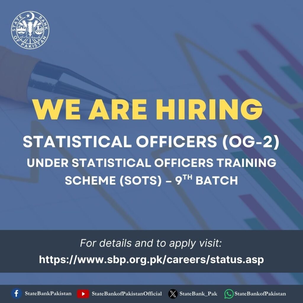 SBP announces vacancies for the Statistical Officers OG-2 for 9th Batch. The SBP has set 22 Dec as the last date for filing applications