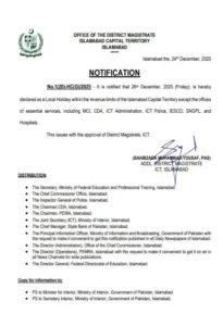 Islamabad local holiday December 26