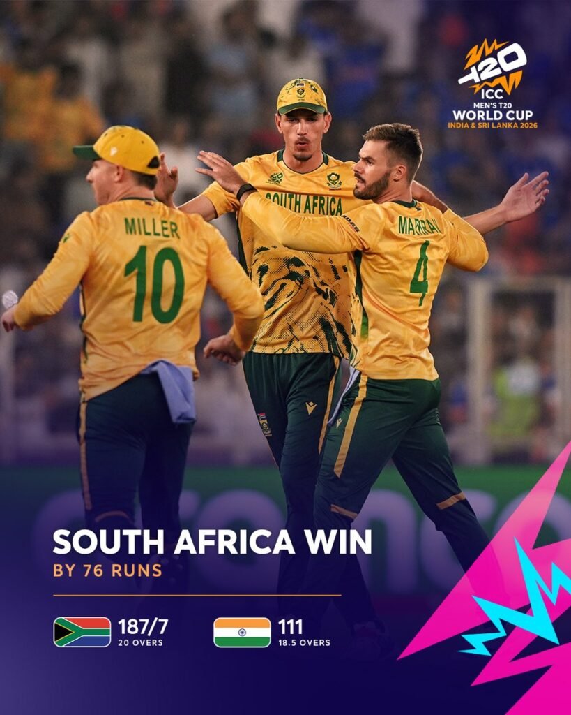 South Africa crush India by 76 runs in T20 World Cup clash as Miller’s fifty and lethal bowling seal win.